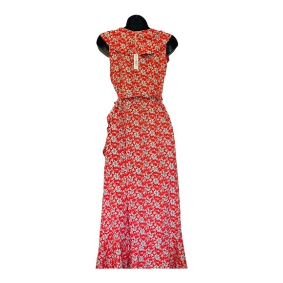 Max Studio Orange floral‎ ruffle bishop collar full wrap maxi dress size Small - Picture 4 of 13